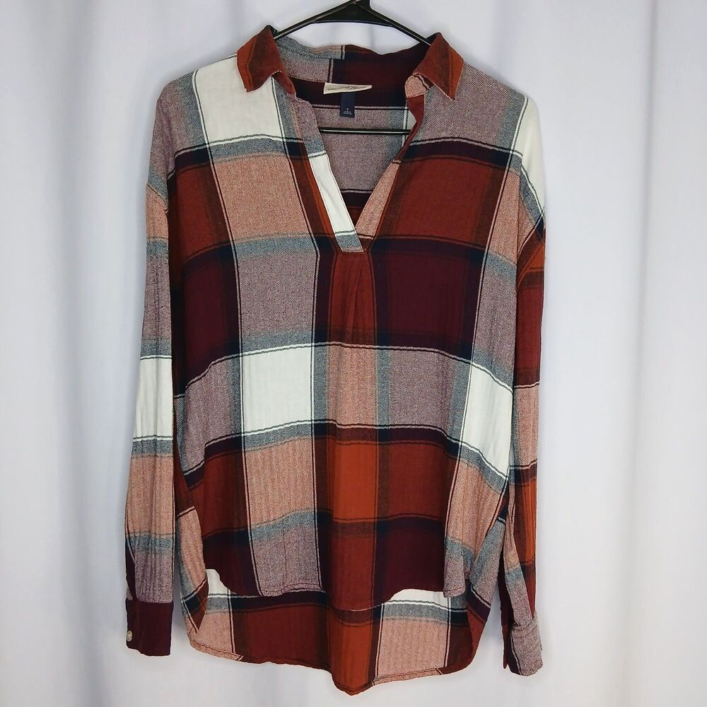 Universal Thread V-neck Cotton Flannel Shirt Plaid Relaxed Top Womens Small